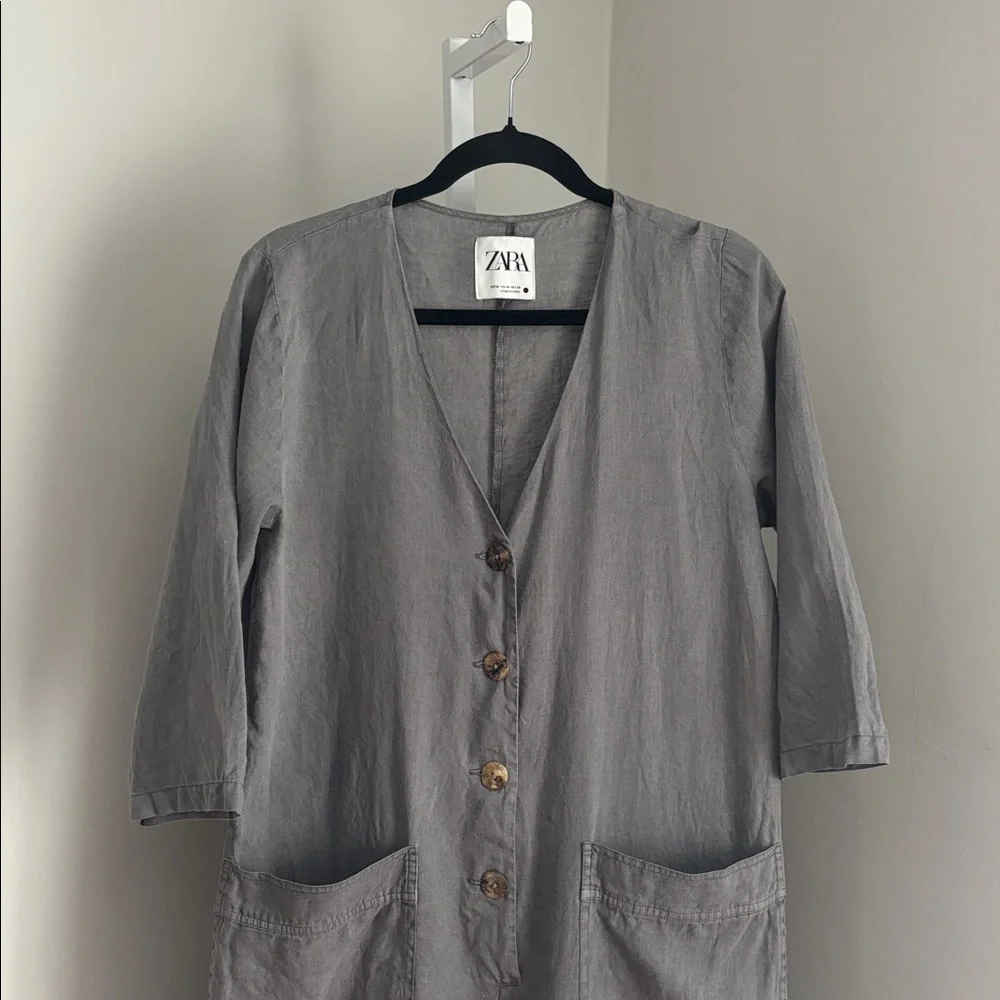 ZARA Lillian Gray Linen Jumpsuit Button-Down Linen Romper Women’s Size Medium